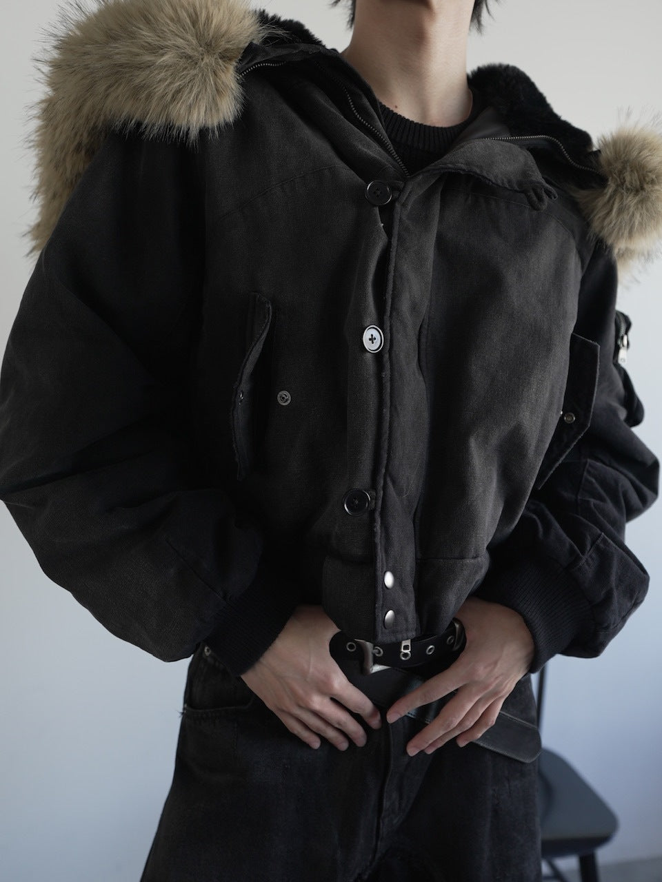 【CHIKASHITSU PLUS HIGH】N-2B cropped hood blouson (denim)