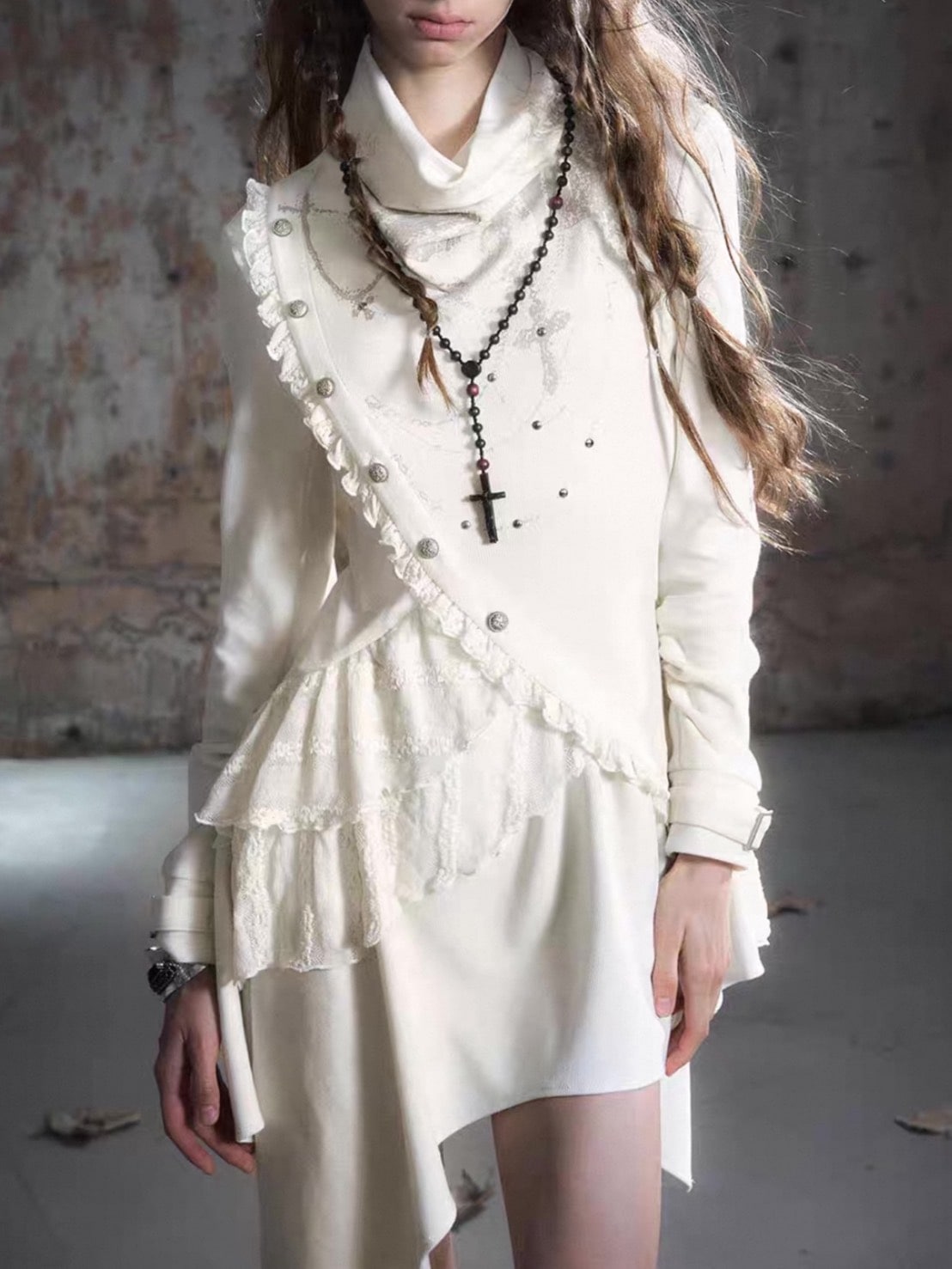 【Cest Nous】Beige Cowl Neck Dress / 【セヌー】ハイネックアシンメトリーフリルワンピース