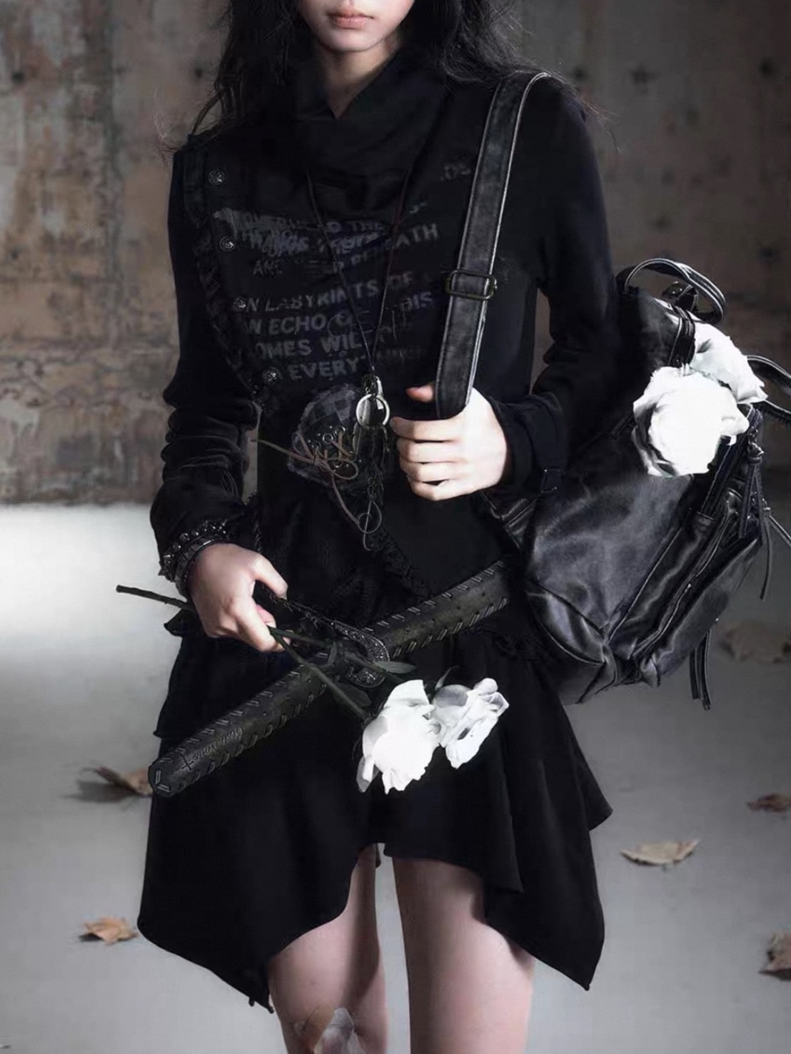 【Cest Nous】Black Cowl Neck Dress / 【セヌー】ハイネックアシンメトリーフリルワンピース