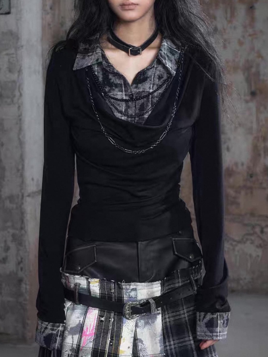 【Cest Nous】Plaid Necklace Top / 【セヌー】チェーン付きレイヤードシャツ