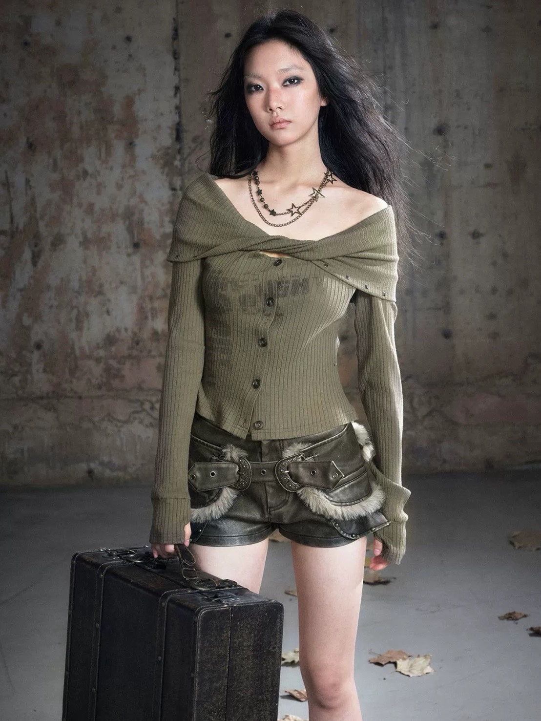 【Cest Nous】Off Shoulder Print Top / 【セヌー】オフショルダープリント長袖トップス