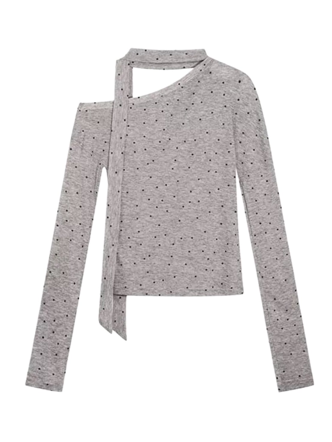 【Cest Nous】Grey Polka Dot Top / 【セヌー】タイ付きワンショルダー長袖トップス