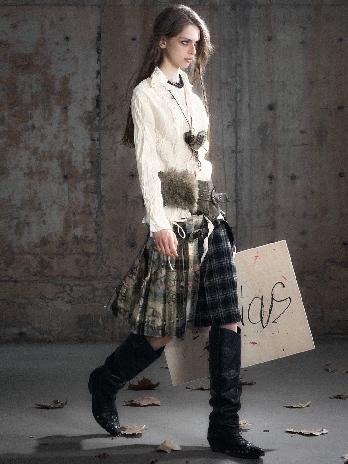 【Cest Nous】Plaid Pleated Skirt / 【セヌー】レイヤードデザインベルトプリーツスカート