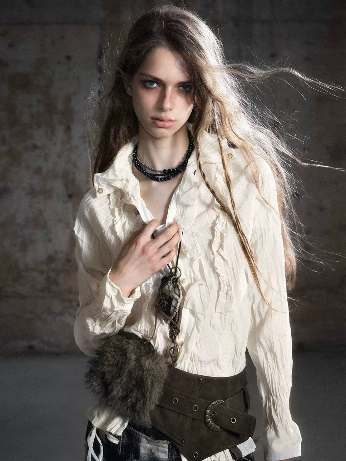 【Cest Nous】Brown Waist Belt / 【セヌー】ポケット付きファーポイントベルト