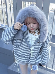 受注制【nmtc +】stripe fur hood cardigan / 【エヌエムティーシープラス】ストライプファーフードカーディガン