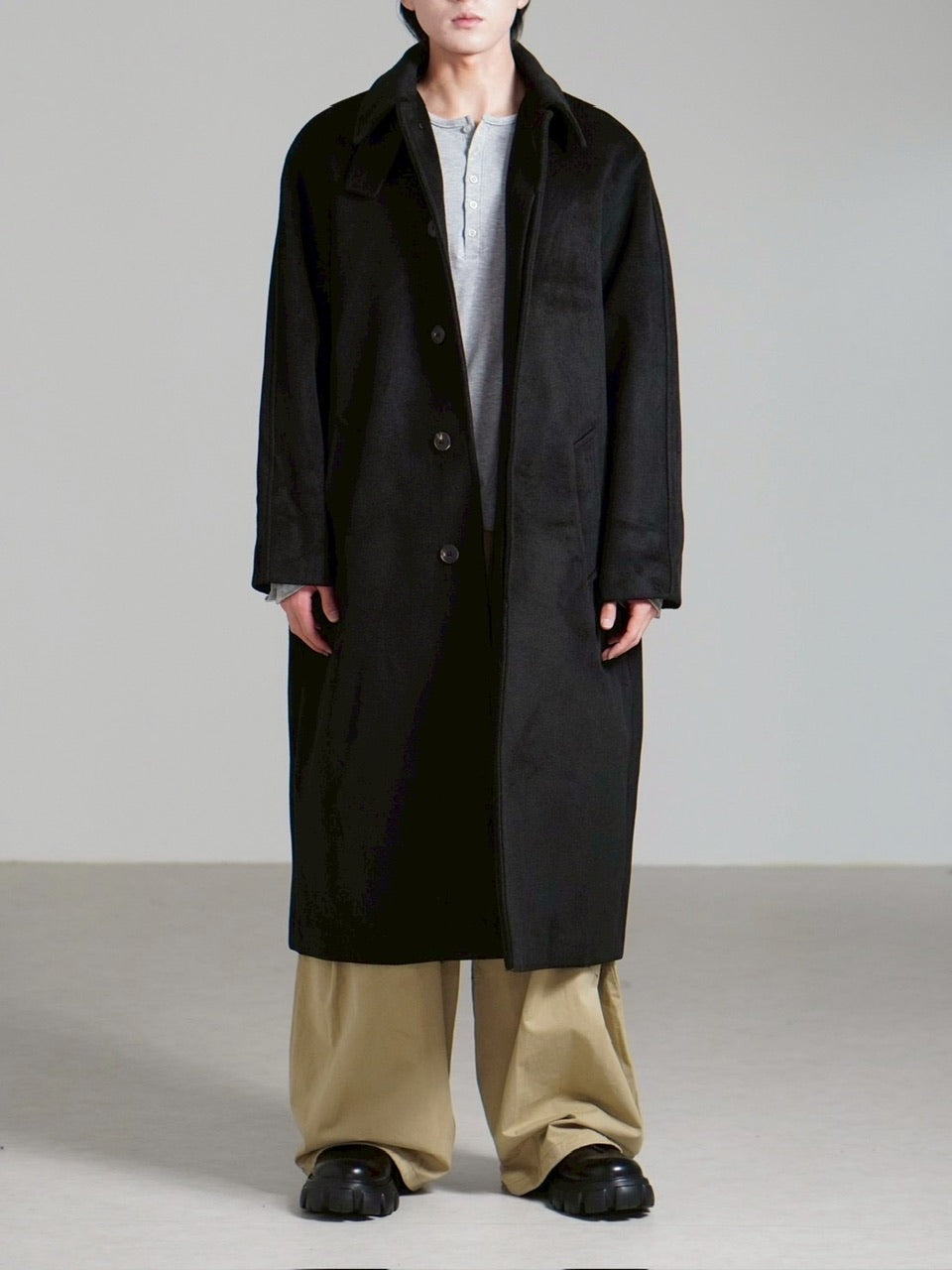 受注制【Chikashitsu +】high neck wool blend long coat / 【チカシツプラス】ハイネックウールブレンドロングコート (2color)