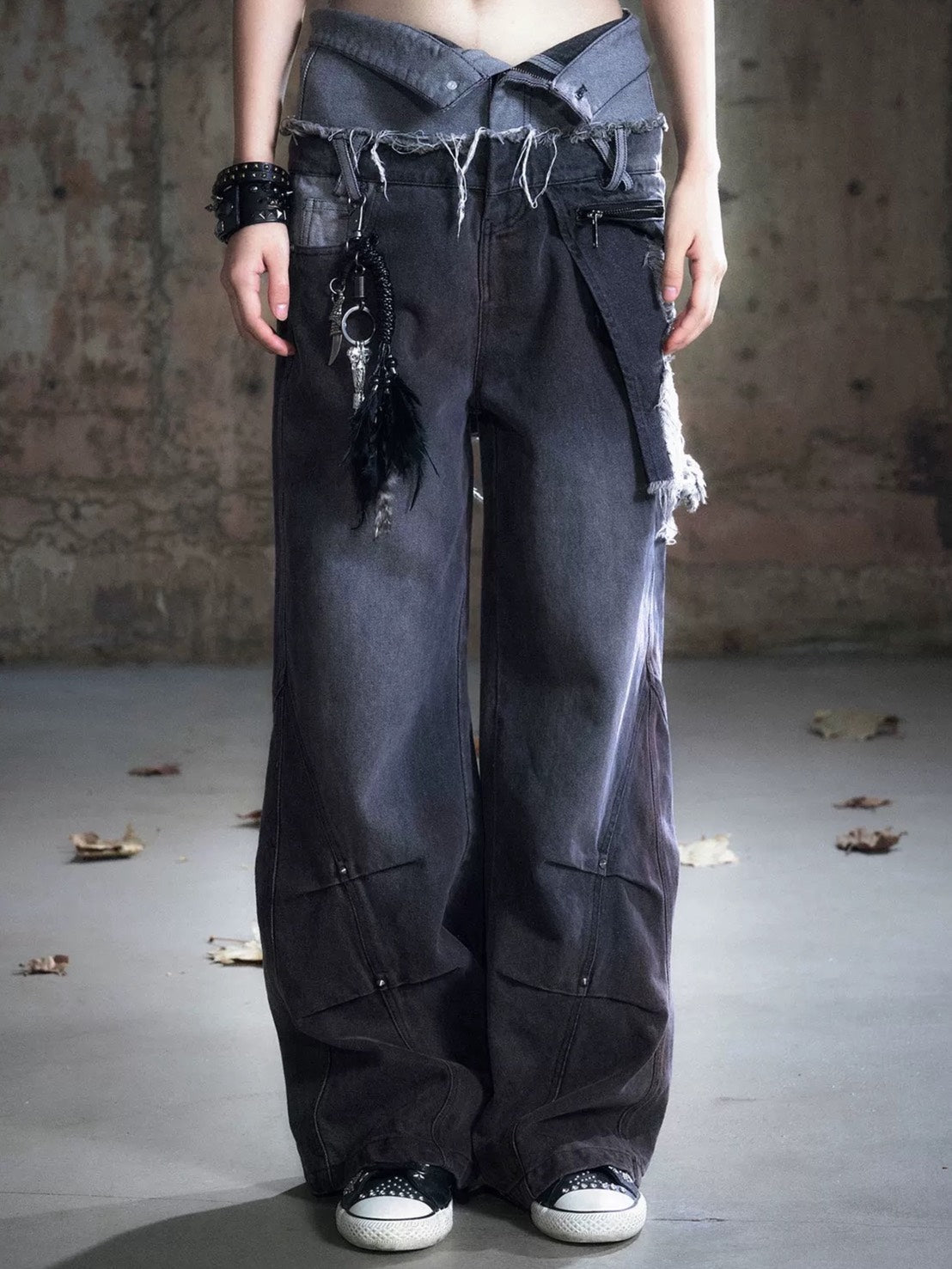 【Cest Nous】Black & Red Wide-Leg Pants / 【セヌー】ダブルウエストダメージデニムパンツ