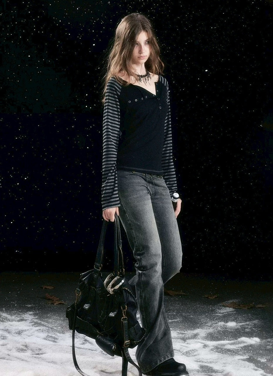 【Cest Nous】Asymmetric henley neck top / 【セヌー】ボーダースリーブ長袖Ｔシャツ