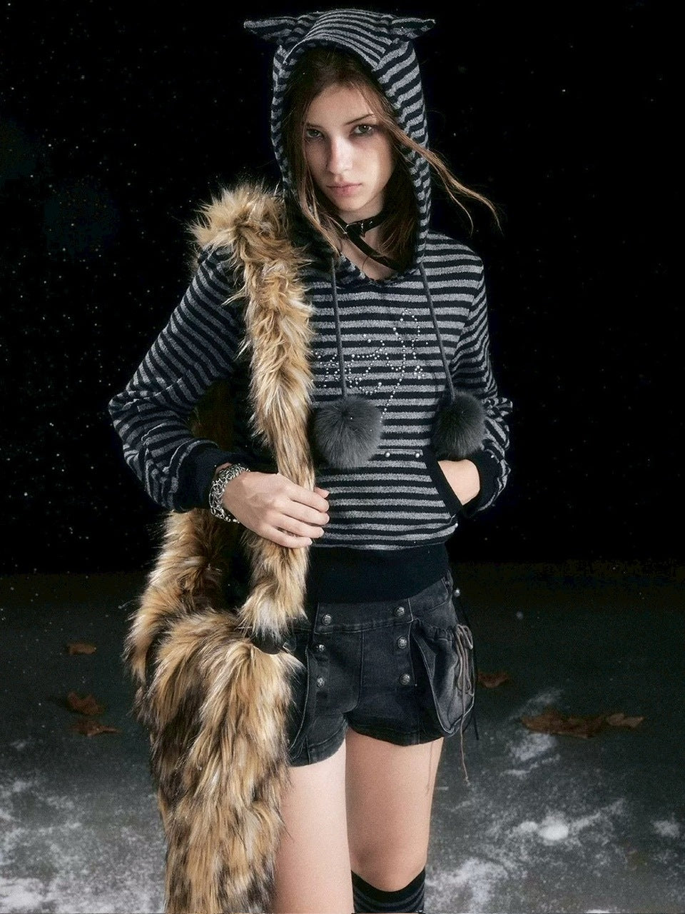 【Cest Nous】Striped cat-ear Striped cat-ear pullover parker / 【セヌー】ボーダーキャットイヤープルオーバーパーカー