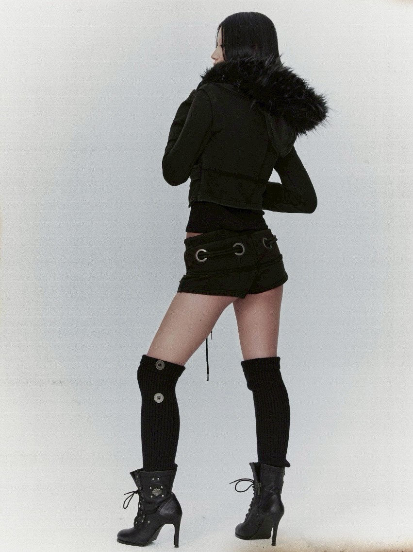 【bonienkiye】Distressed Seam Fur Hood Zip-Up