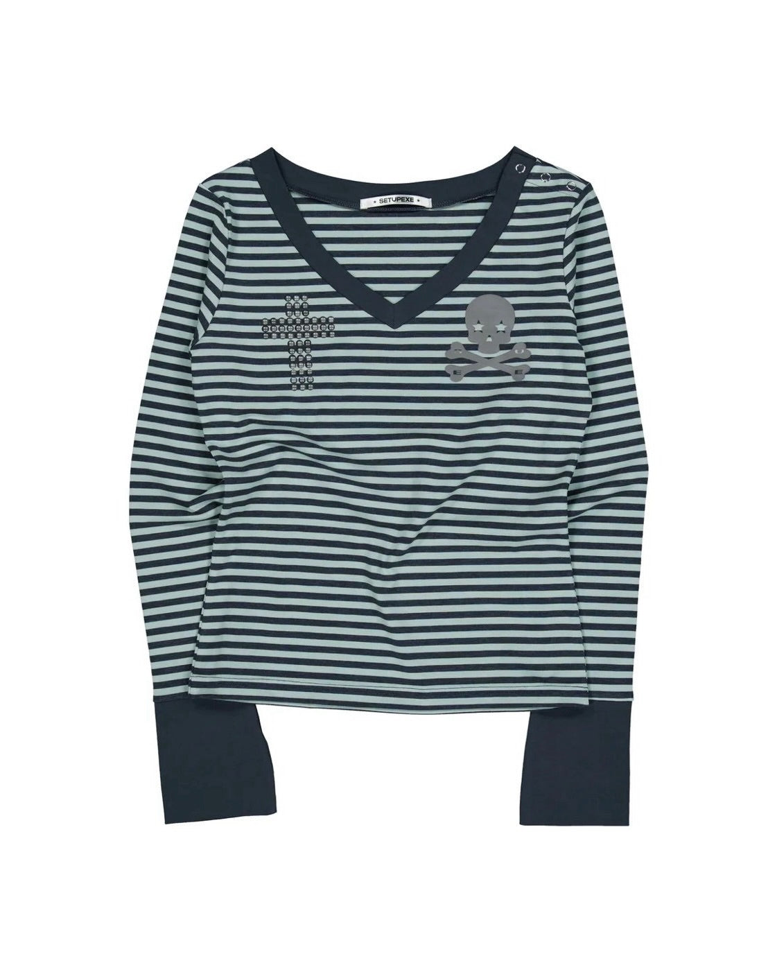 【SETUP-EXE】SKULL LOGO STRIPE V-NECK TOP