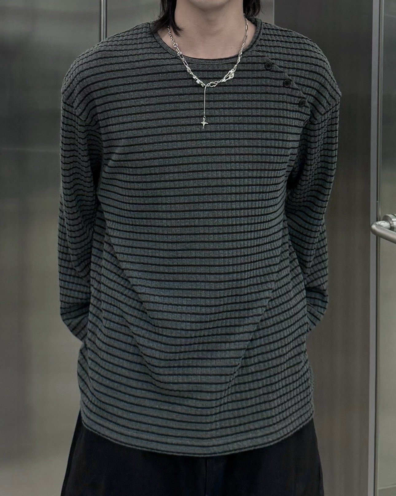 受注制【nmtc+】diagonal button border long sleeve (2color)