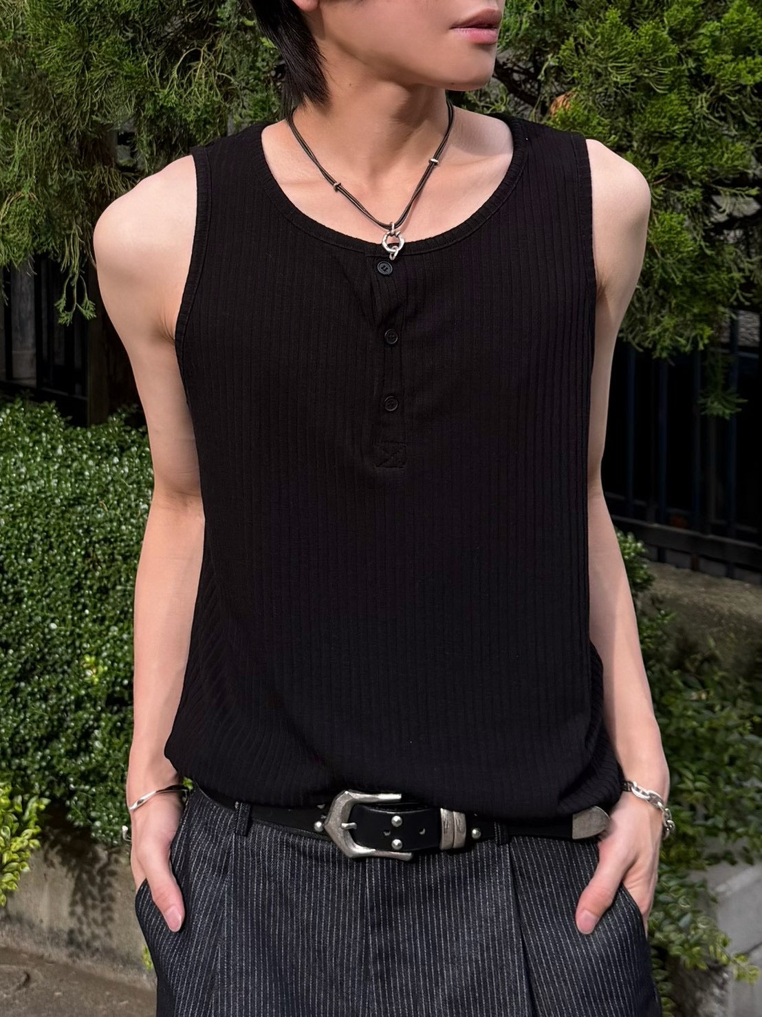 東京店WEB限定受注制【Chikashitsu +】soft rib henley sleeveless (2color)