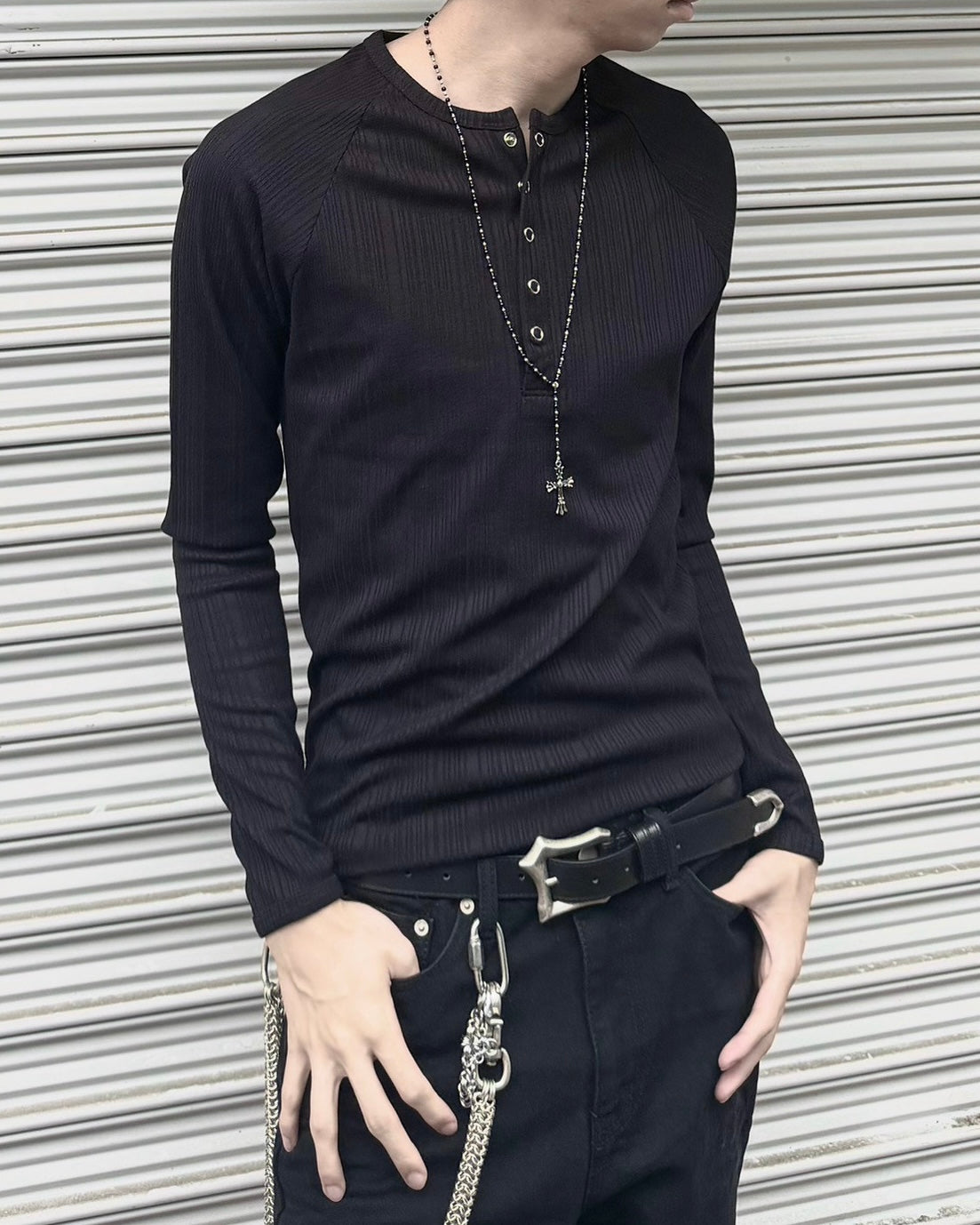受注制【nmtc+】Snap henley neck ribbed slim top (4color)