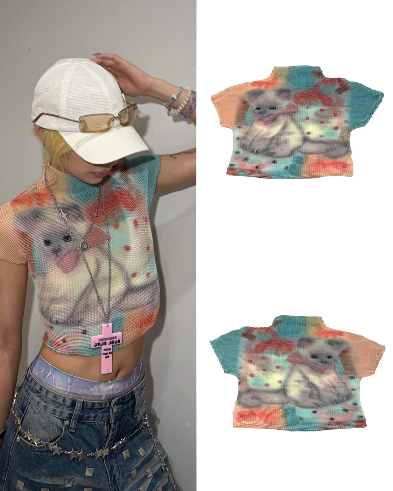 国際配送【Never mind the XU】popcorn shirring baby tee cat