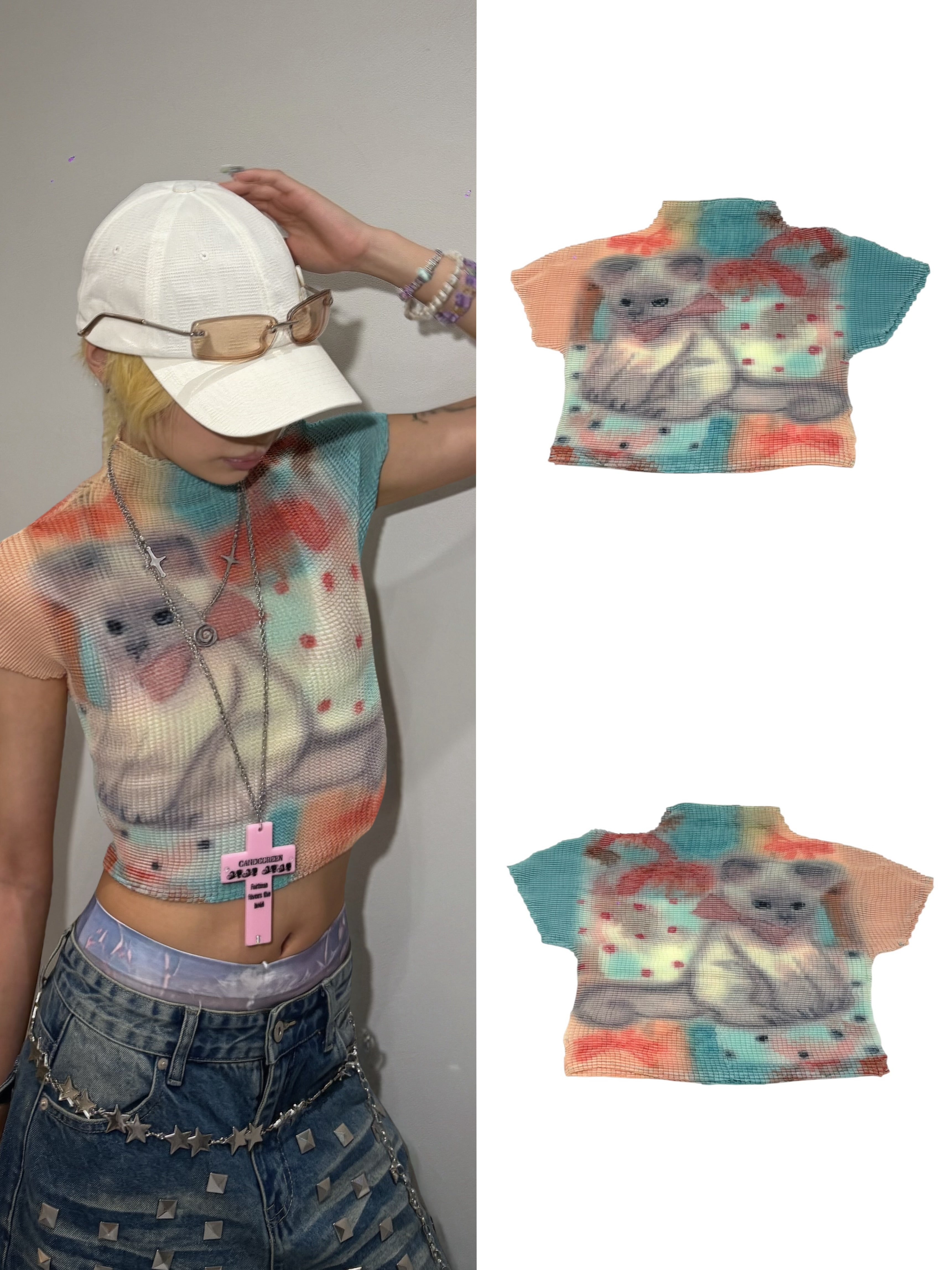 国際配送【Never mind the XU】popcorn shirring baby tee cat