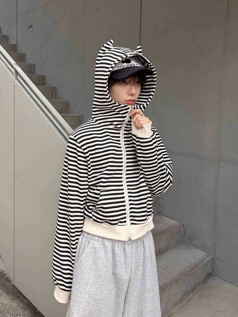 国際配送【LUV CODE】stripe cropped zip up hoodie