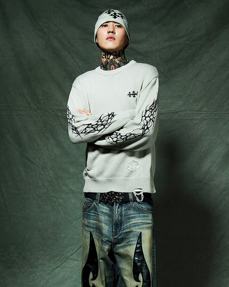 【SUPPLIER】Distressed Tribal Bones Crew Knit