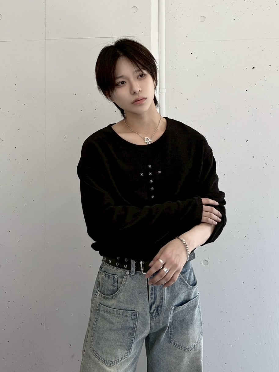 受注制【LUV CODE】cross rivet long sleeve tee (3color)
