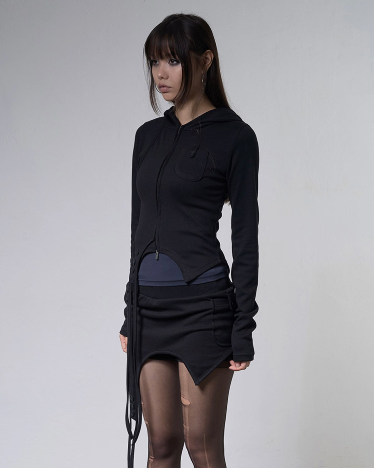 【FANCY CLUB】OVERLAY CROP HOODED ZIP-UP