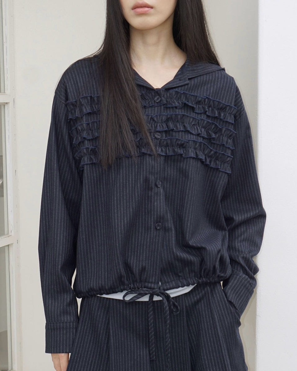 【Uglyshadow】STRIPE RUFFLE HOODED SHIRT