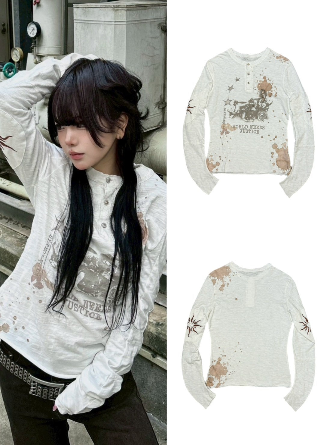 国際配送【Never mind the XU】paint graphic henley long sleeve