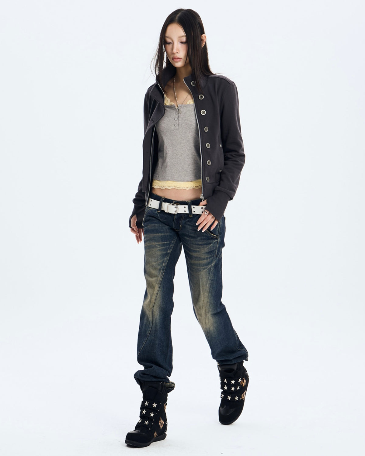 【NOT KNOWING】Button High Neck Zip Up