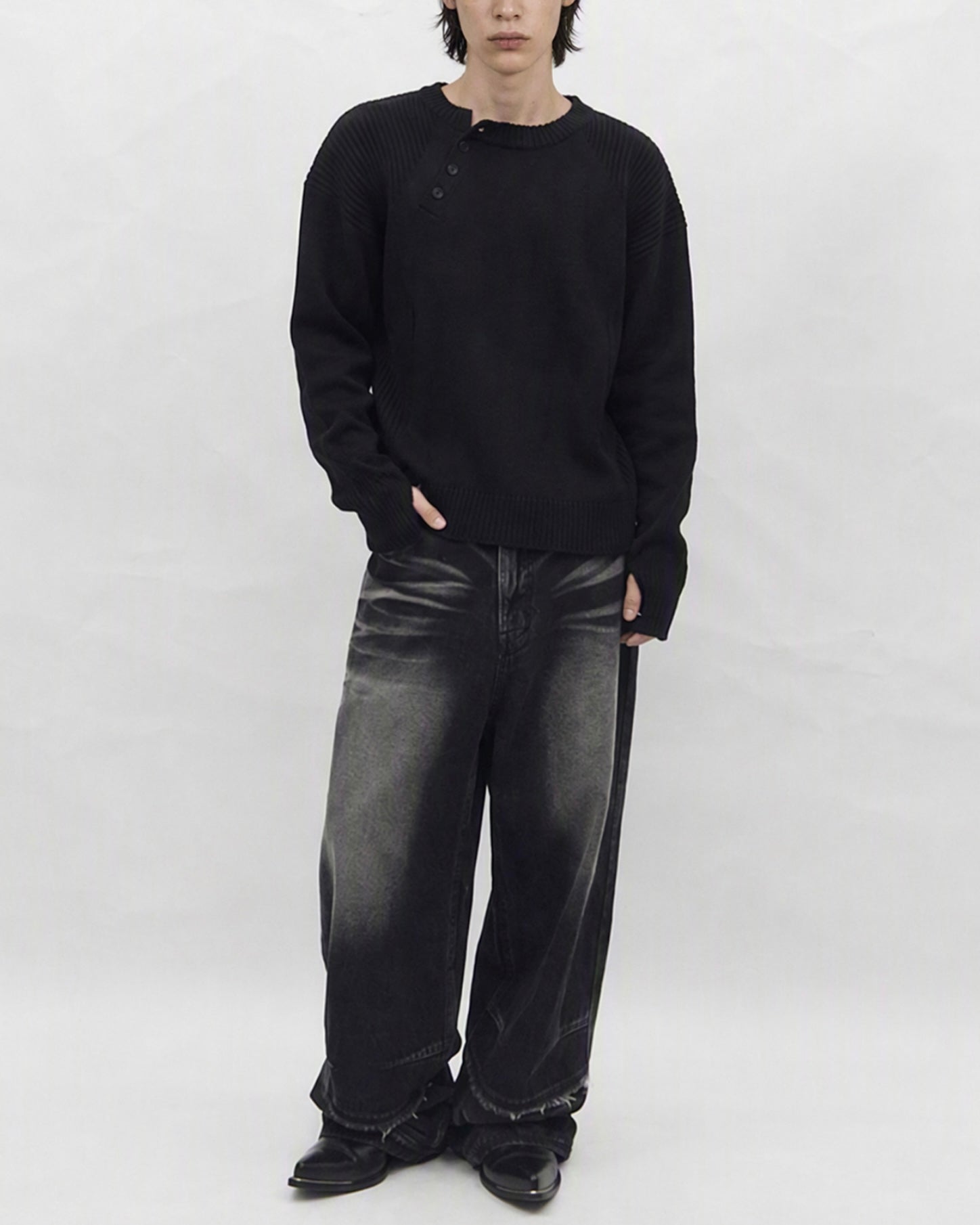 【BLR BLUER】Faded Vintage Henley Knit Sweater