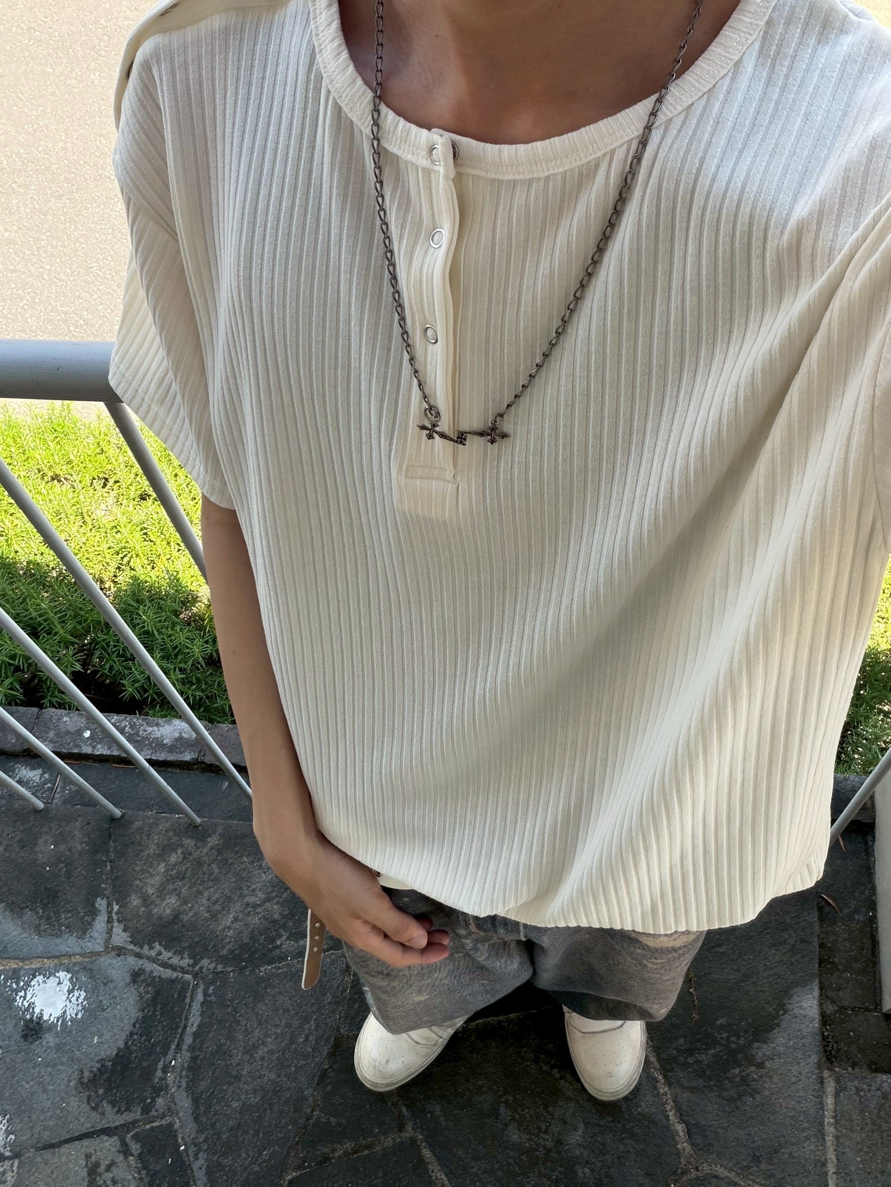 受注制【nmtc+】Shoulder Henley Eyelet Tee (3color)