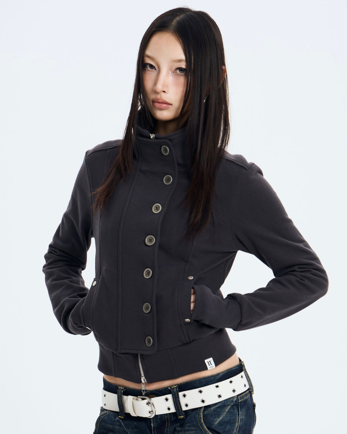 【NOT KNOWING】Button High Neck Zip Up