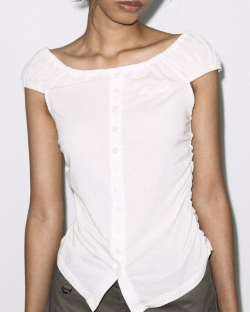 【FANCY CLUB】SOFT BUTTON OFF-SHOULDER TOP