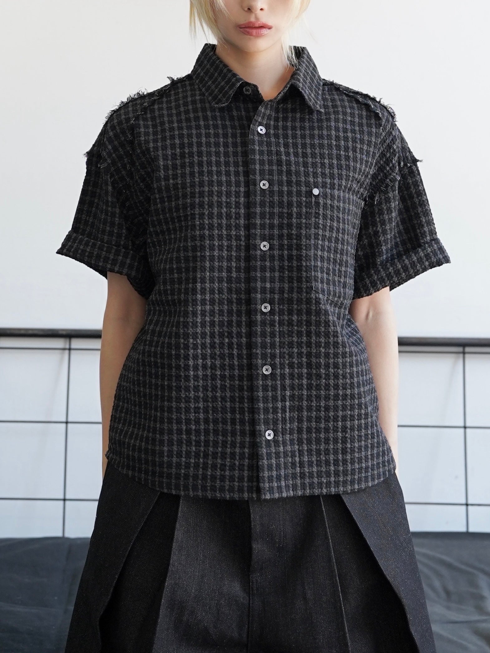 5/23 20:00発売【CHIKASHITSU PLUS HIGH】Raw edge seersucker check shirt