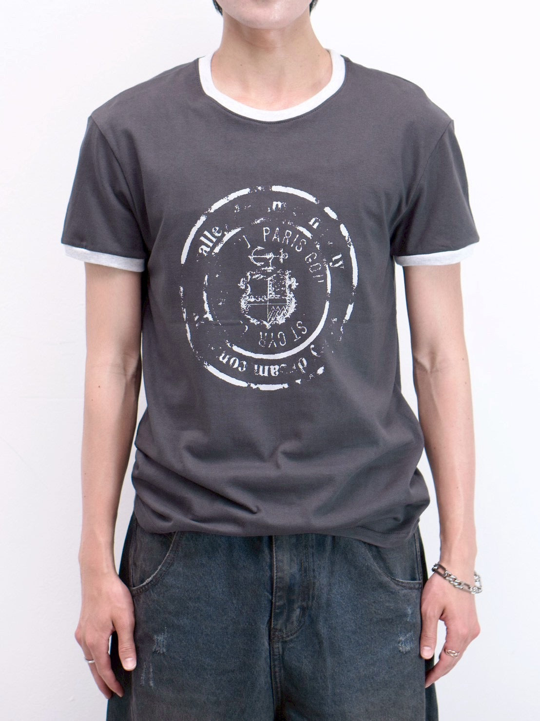 受注制【Chikashitsu +】stamp printing ringer tee (3color)