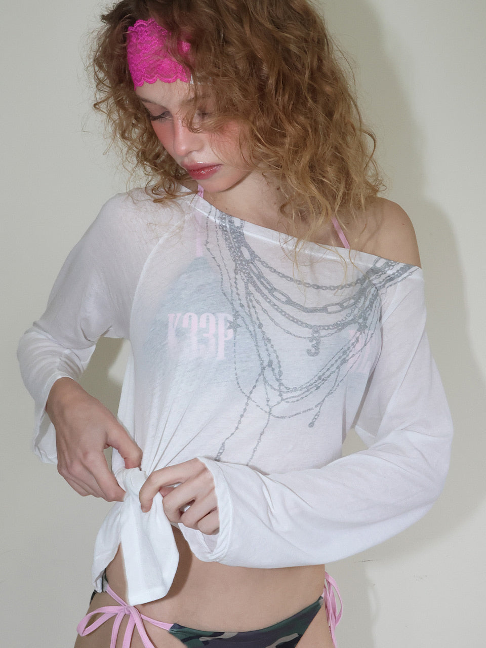 【CRANK】SHEER NECKLACE OFF-SHOULDER TOP