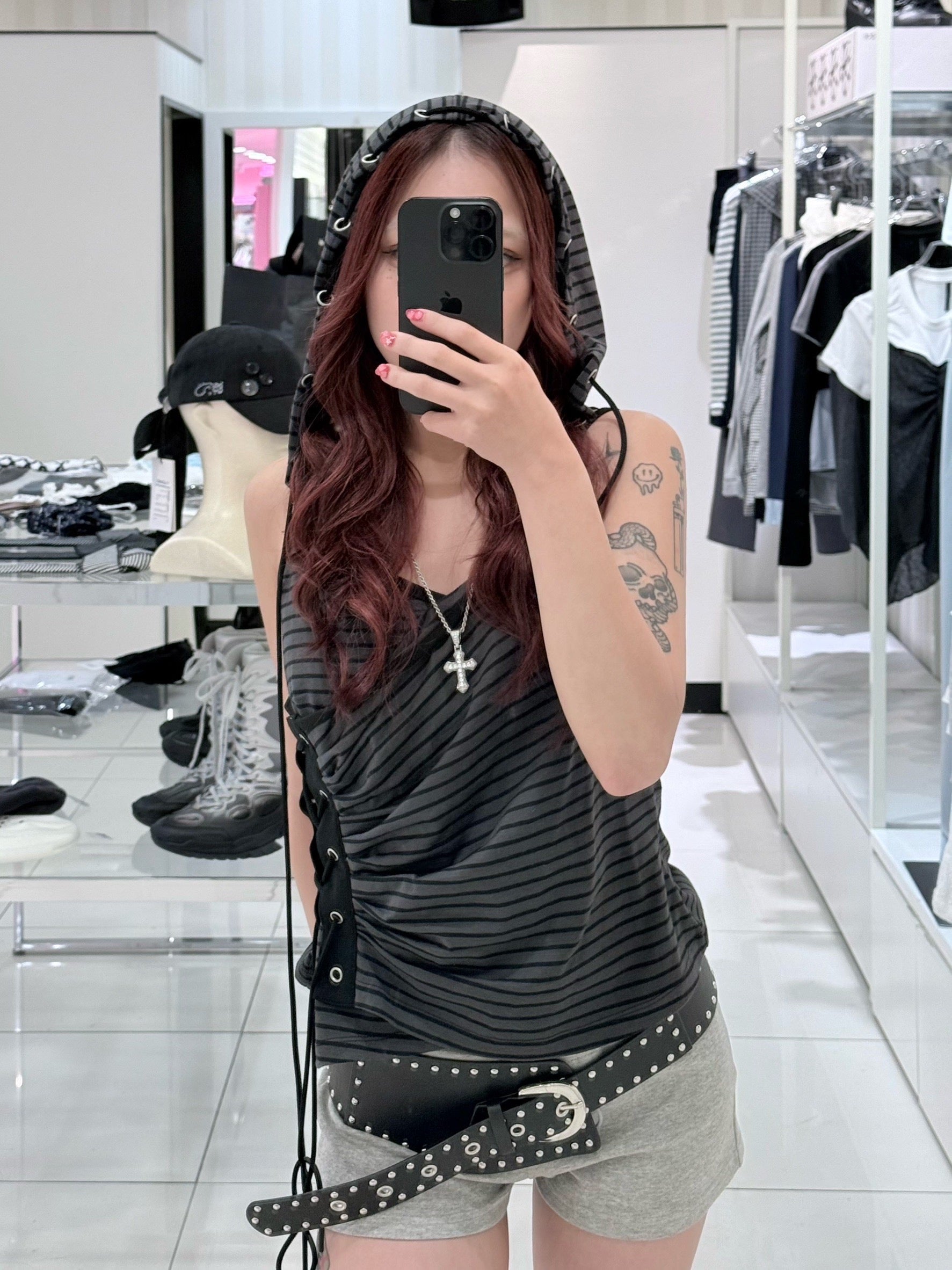 6/6 20:00発売 別注【NOT KNOWING】Eyelet Lace Up CAMI Hoodie