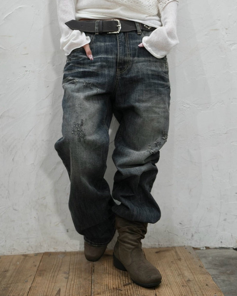 受注制【OaKS】faded wide-leg denim pants