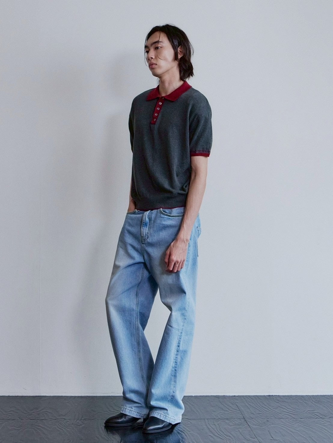 【Waviness】Accent Collar Polo Knit