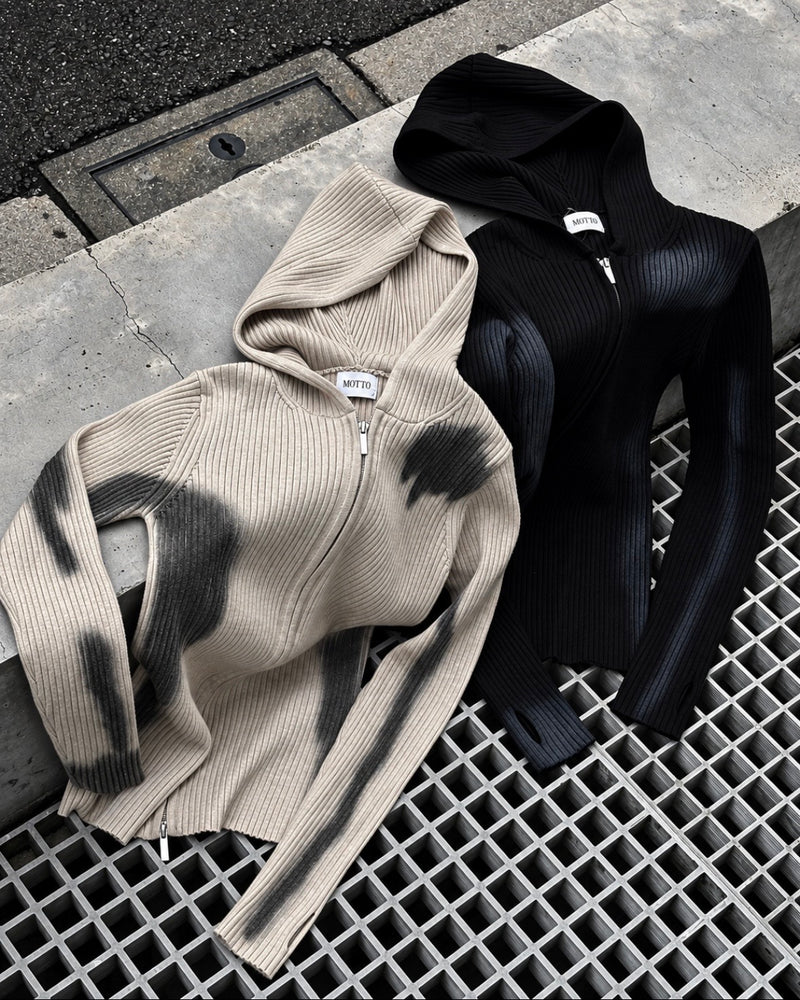 受注制【Never mind the XU】SPRAY WASH ZIP KNIT HOODIE (2color)