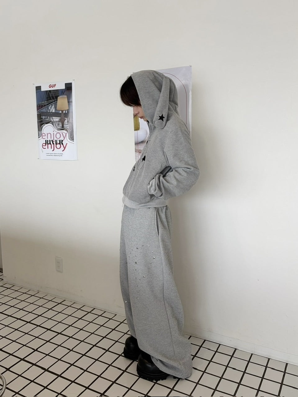 国際配送【LUV CODE】rhinestone wide sweat pants (2color)