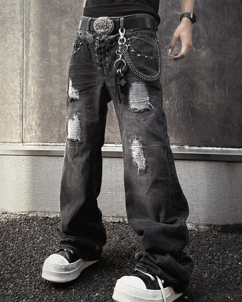 国際配送【Never mind the XU】Double waist  laceup flare denim pants