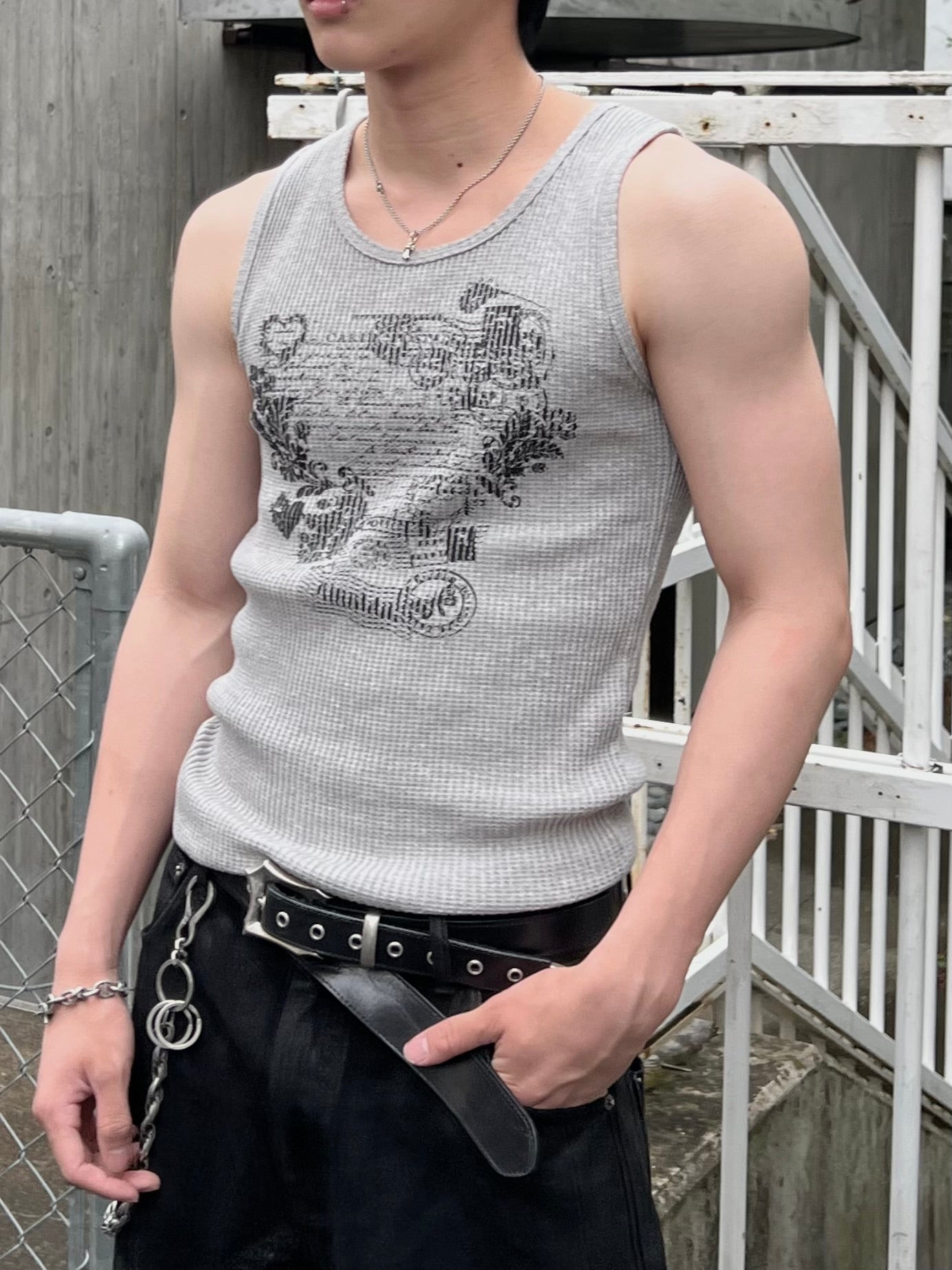 大阪店WEB限定受注制【Chikashitsu +】graphic waffle tank (2color)