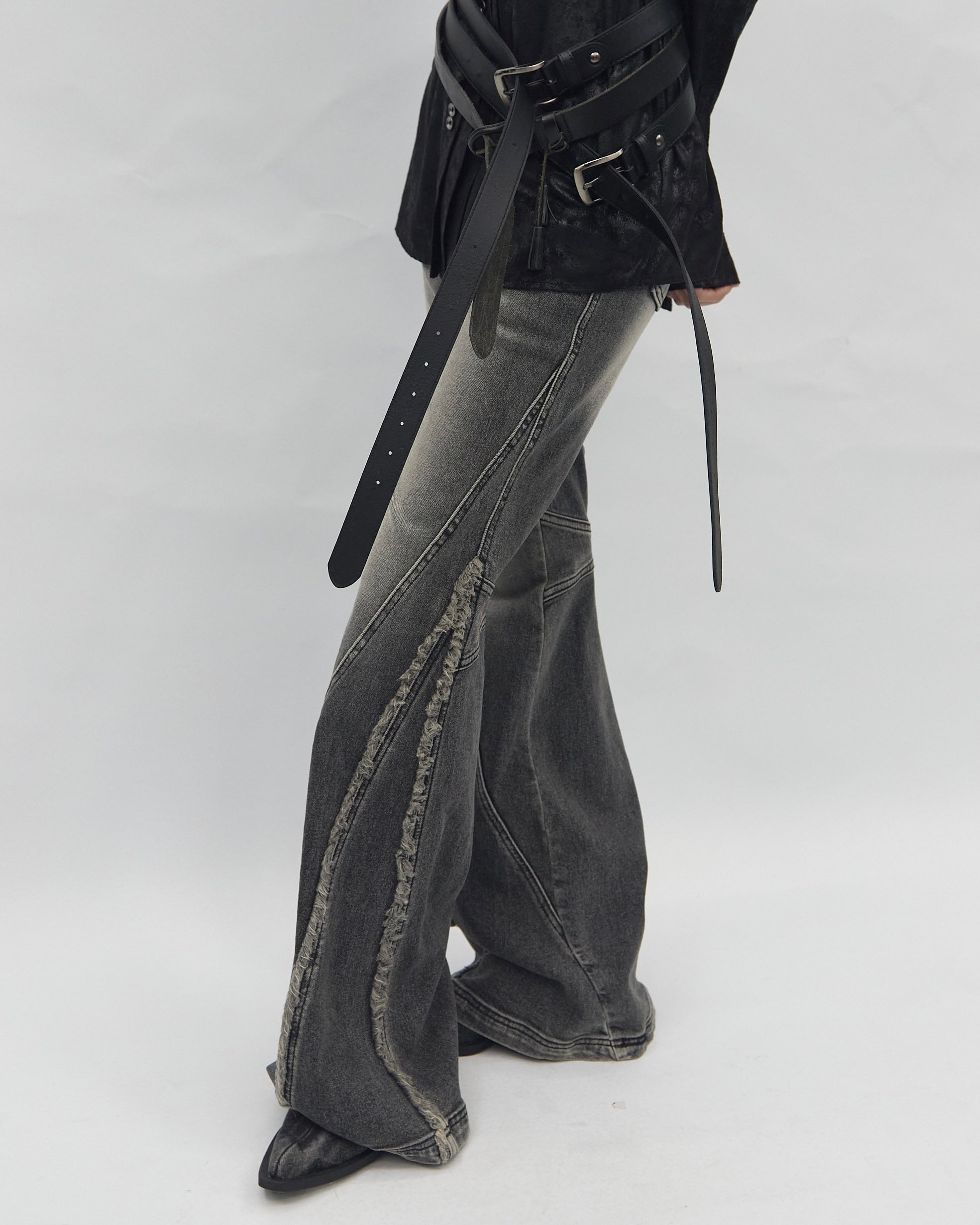 【BLR BLUER】Crush Double Line Washing Denim Pants
