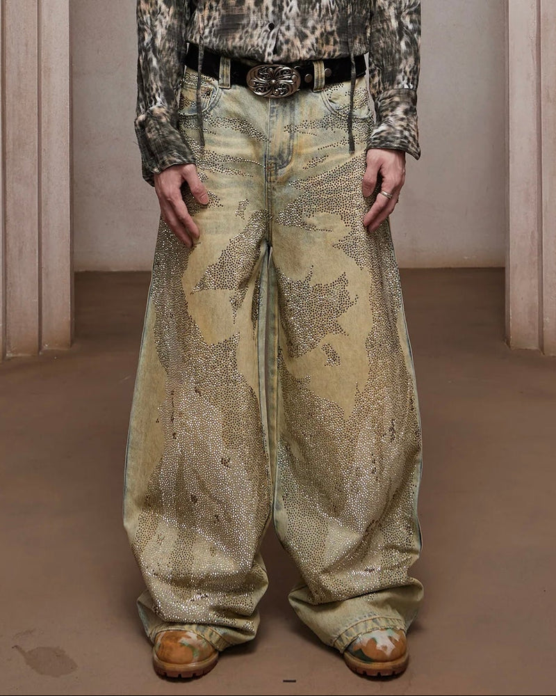 【DND4DES】Rhinestone Dirty Wash Denim Pants