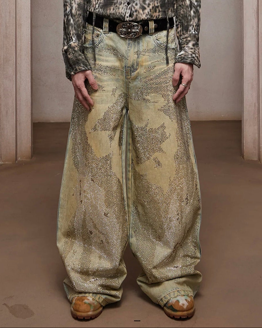 【DND4DES】Rhinestone Dirty Wash Denim Pants