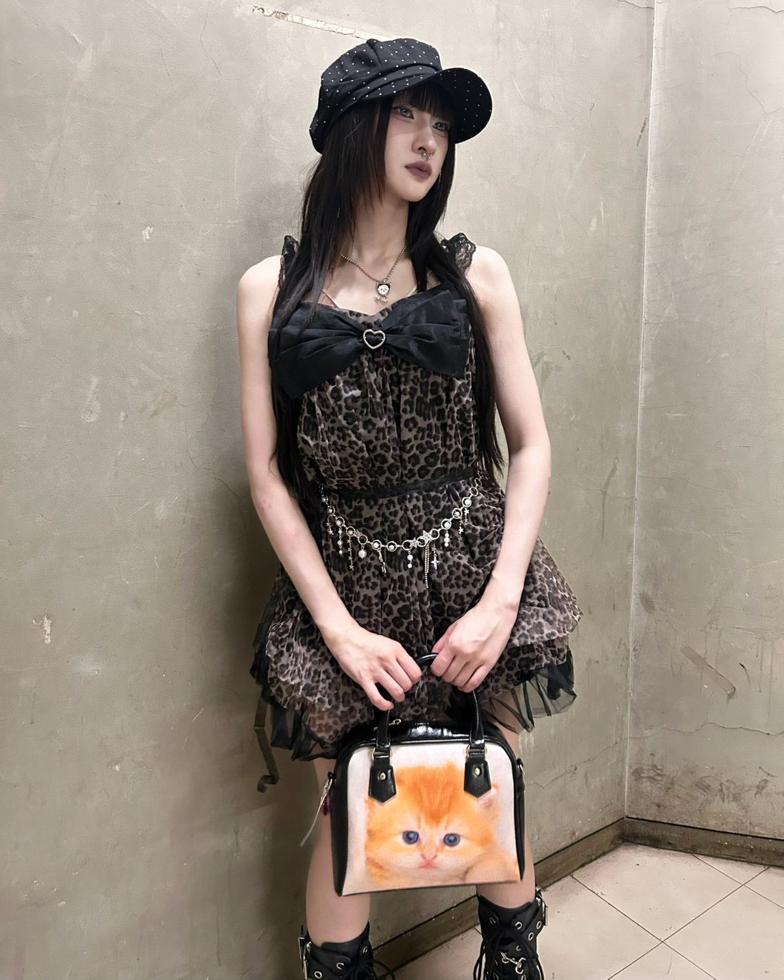 国際配送【BABY09】leopard ribbon tulle dress