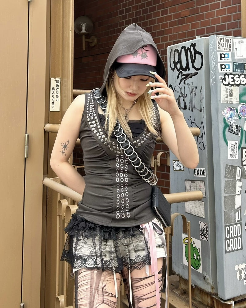 国際配送【Never mind the XU】drape eyelet hoodie tank(2color)