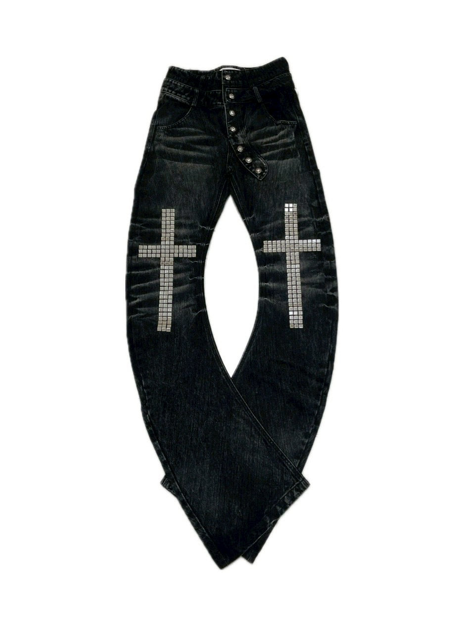 7/11 20:00発売　国際配送【BABY09】cross studs flare denim pants