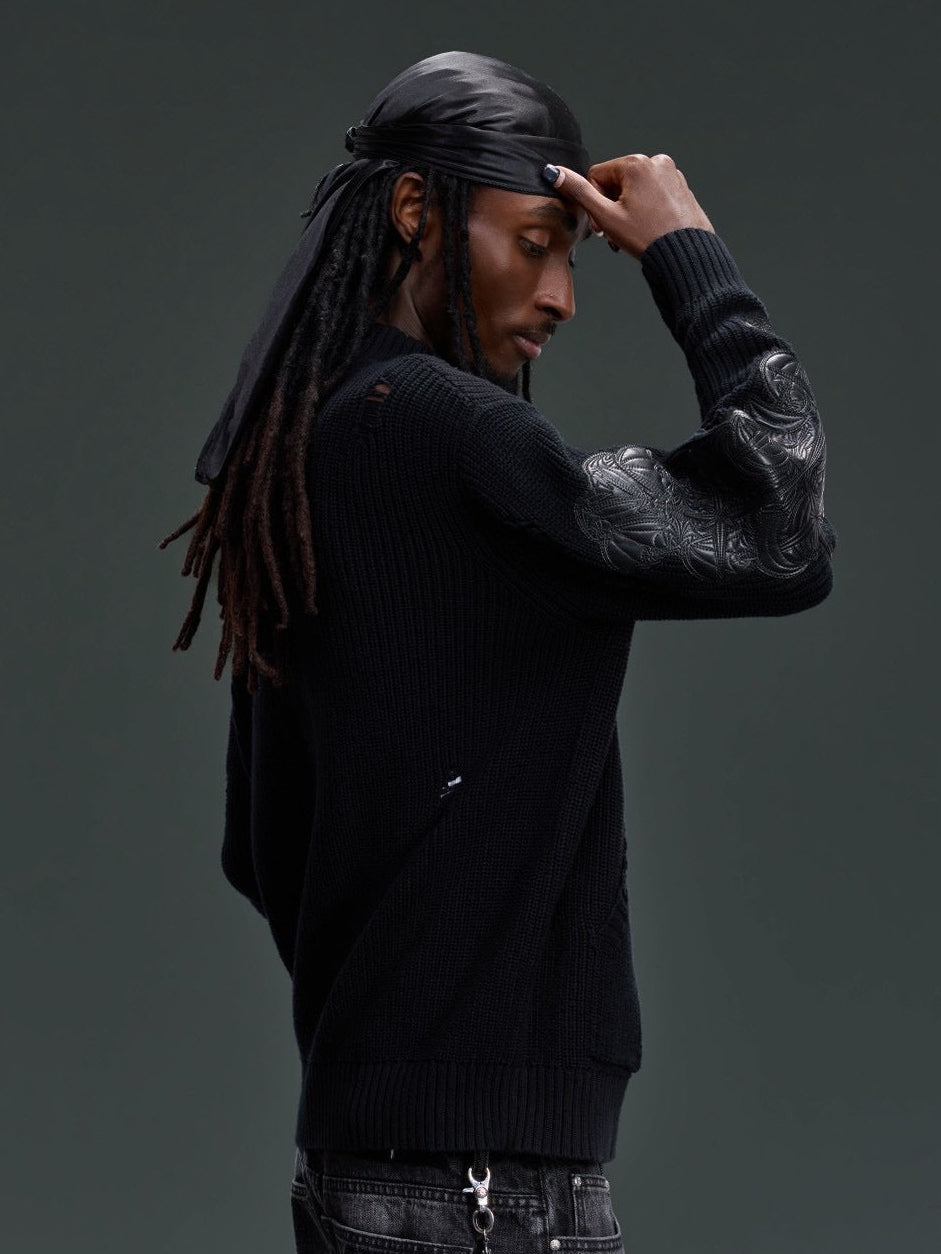 【The Boy Has No Patience】LEATHER PATCH DESTROYED ZIP SWEATER