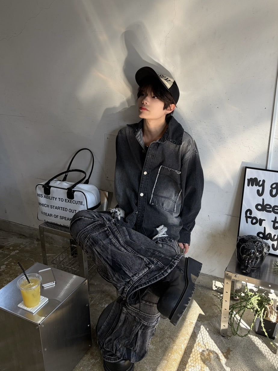 国際配送【LUV CODE】multi pocket denim cargo pants (2color)