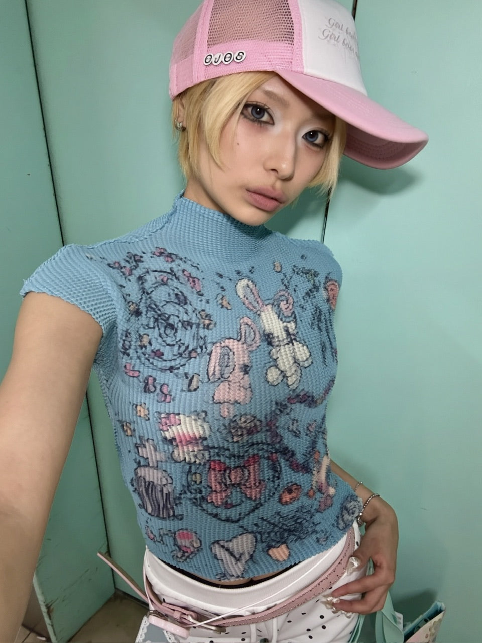 国際配送【Never mind the XU】popcorn shirring baby tee rabbit